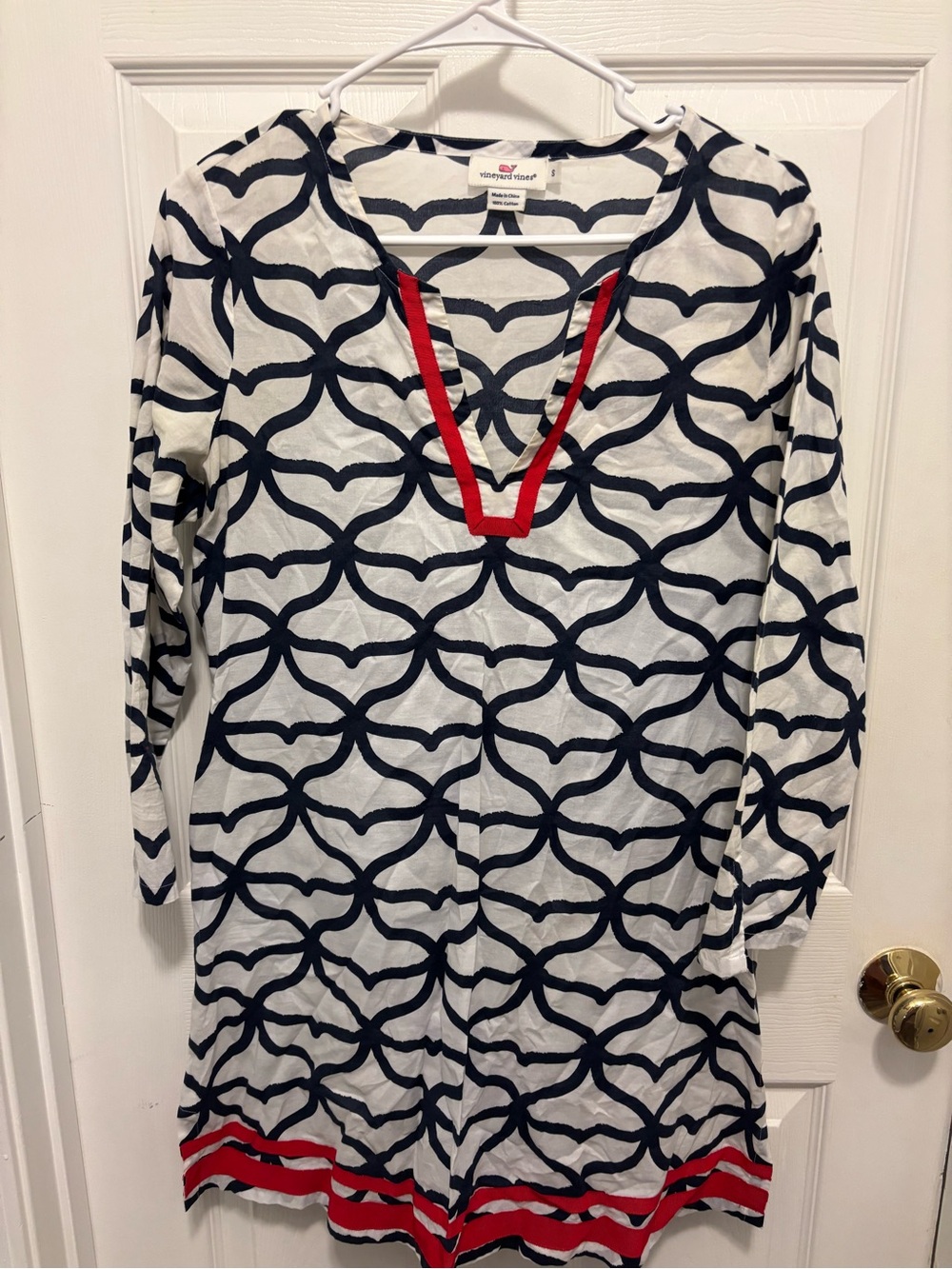 Vineyard Vines Navy and White Geometric Cotton Top with Red Trim